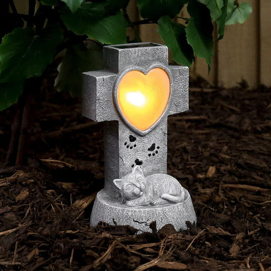 Stone Effect LED Solar Cat Memorial Cross Light, 21cm - Home Inspired Gifts