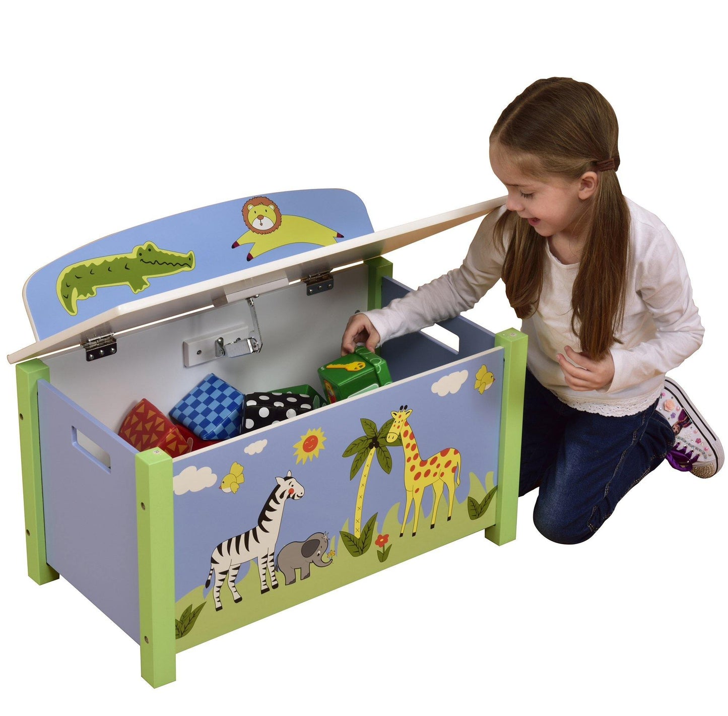 Kid Safari Blue Wooden Toy Box with Lid Bedroom Playroom Storage - Kporium Home & Garden