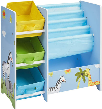 Kids Blue Safari Book Display with Fabric Storage Boxes Bins Playroom Bedroom - Kporium Home & Garden