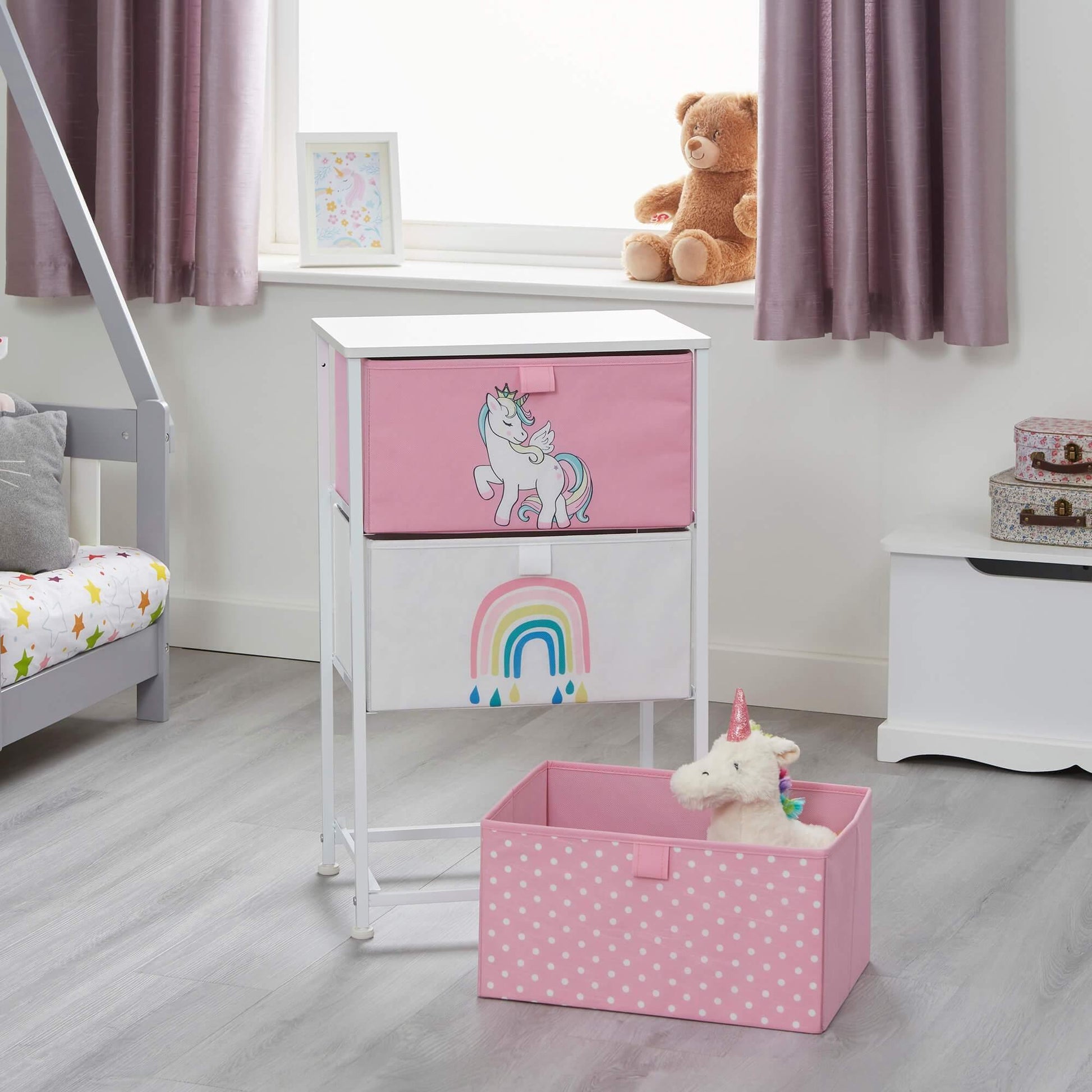 Unicorn Rainbow 3 Drawer Kids Storage Bedside Table - Pink White - Home Inspired Gifts