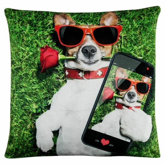 Velvet Selfie Dog with Phone Square Cushion Covers 45cm - Home Inspired Gifts