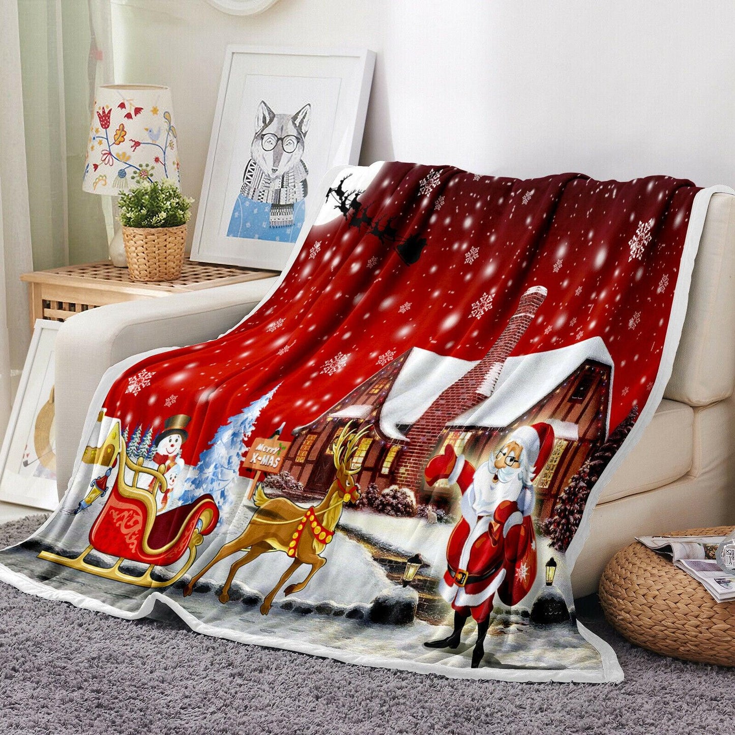 Warm Soft Fleece Blanket Throw - Red Christmas Santa Reindeer Snowman - Home Inspired Gifts