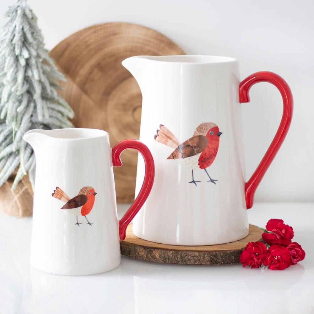 Winter Robin Ceramic Flower Jug with Red Handle - Medium 17cm - Home Inspired Gifts