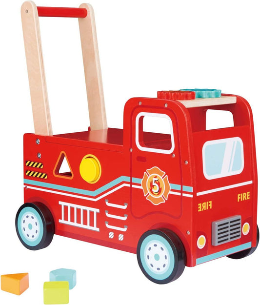 Wooden Fire Engine Push Along Walker Shape Sorter Blocks Activity Toy - Home Inspired Gifts