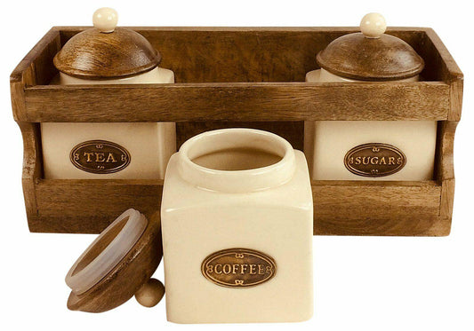 Wooden Rack with Ceramic Tea Coffee & Sugar Jars with Lids - Home Inspired Gifts