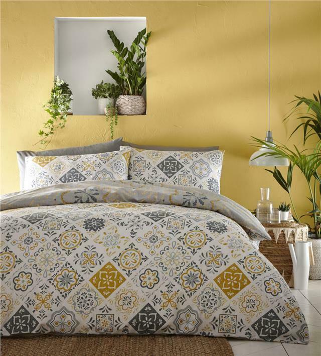 Moroccan Tile Print Ochre Duvet Cover Polycotton Reversible Bedding - Home Inspired Gifts