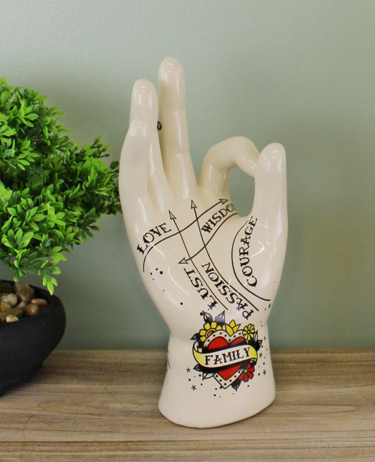 Ceramic Palmistry Hand Family Ornament 22.5cm - Tattoo Print Display