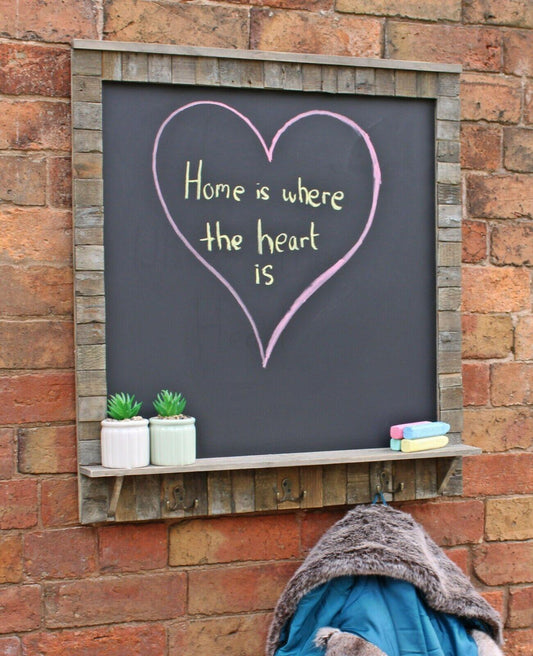 Large Blackboard with Driftwood Effect Surround Shelf 3 Hooks Memo Chalkboard - Home Inspired Gifts
