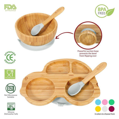 Bamboo Dog Plate Bowl Spoon Set Stay-Put Suction Design - 6 Colours - Home Inspired Gifts