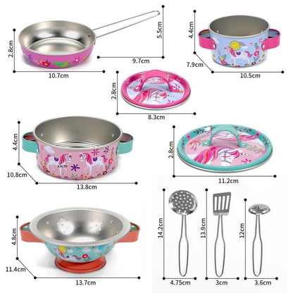 10pcs Unicorn Metal Kitchenware Set with Carry Case Toy for Kids Role Play - Home Inspired Gifts