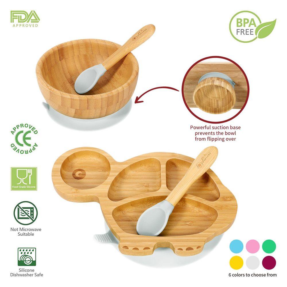 Bamboo Turtle Plate Bowl Spoon Set Stay-Put Suction Design - 6 Colours - Home Inspired Gifts