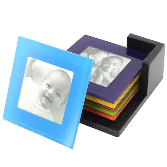 6pc Square Coloured Glass Photo Coaster Set with Holder - Home Inspired Gifts