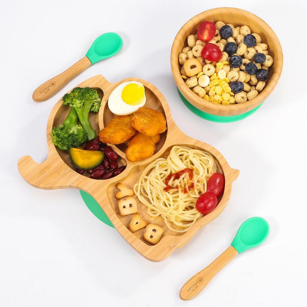 Bamboo Elephant Plate Bowl Spoon Set Stay-Put Suction Design - 6 Colours - Home Inspired Gifts