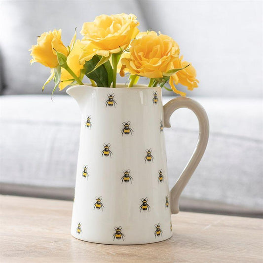 White Bee Print Ceramic Flower Vase Jug - Home Inspired Gifts