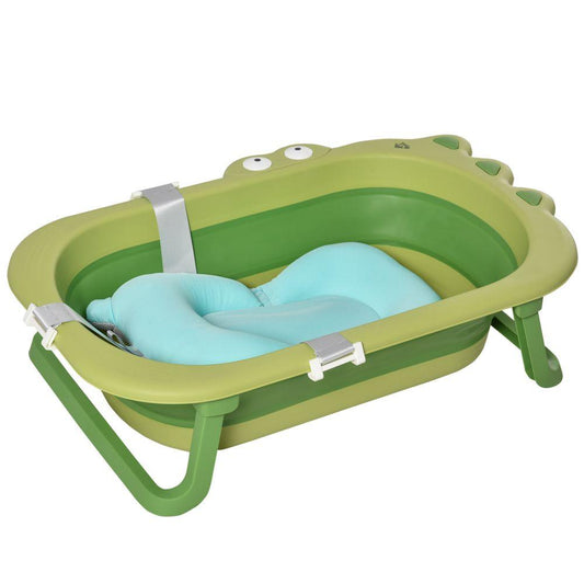 Foldable Baby Toddler Bath Tub with Newborn Cushion - Green Crocodile Design - Home Inspired Gifts