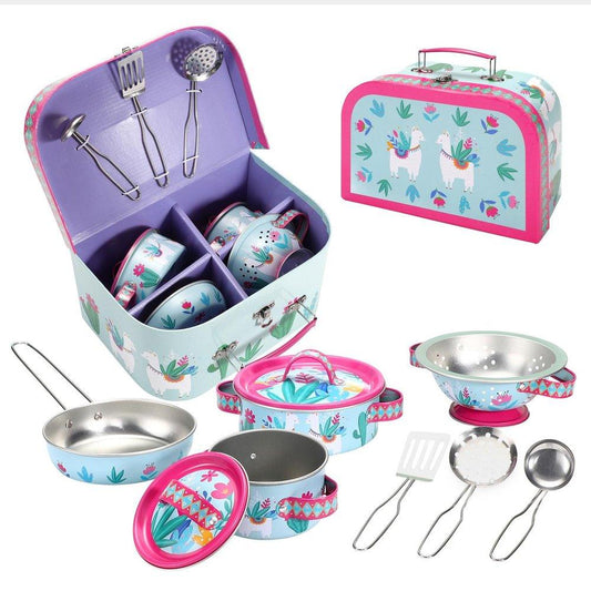 10pcs Llama Metal Kitchenware Set with Carry Case Toy for Role Play - Home Inspired Gifts