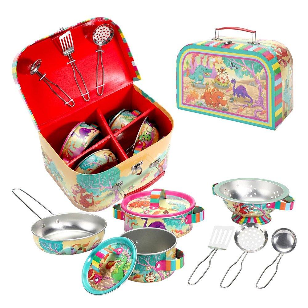 10pcs Dinosaur Metal Kitchenware Set with Carry Case Toy for Role Play - Home Inspired Gifts