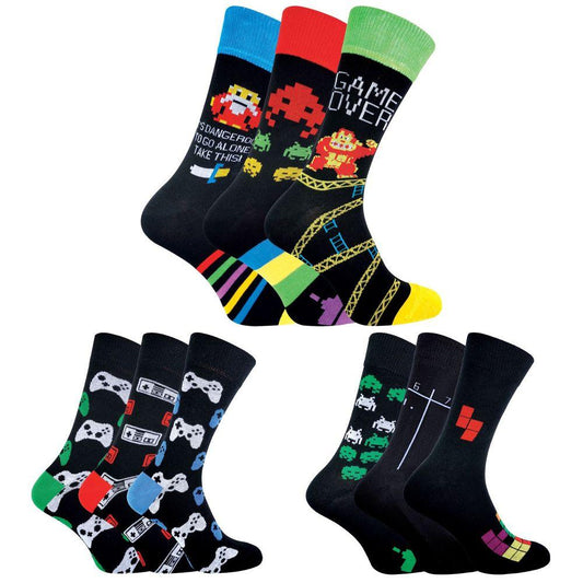3 Pairs Mens Retro Gaming Pac Man Space Invaders Socks - Home Inspired Gifts